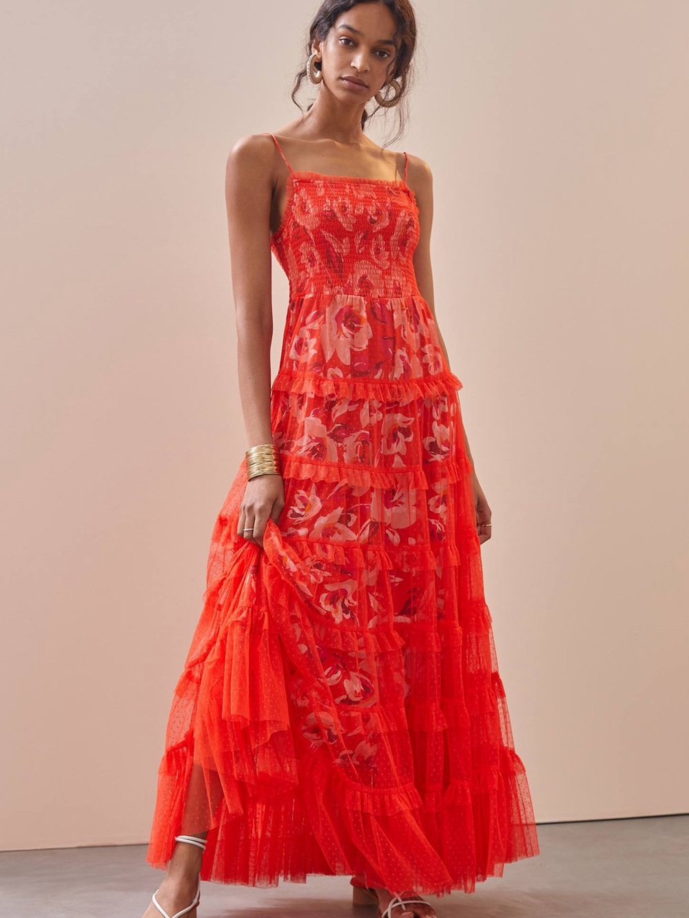Anthropologie Bright Red Floral Tiered Maxi Dress